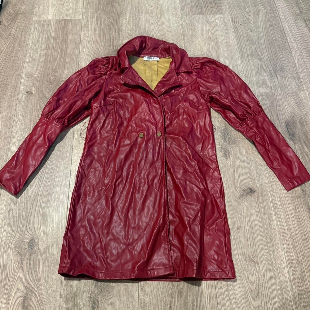 Saint Genies Red Faux Leather Puff Sleeve Coat Dress‎ Jacket US 2